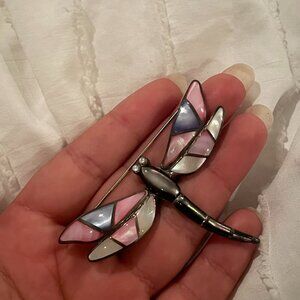 Vtg Signed CFJ Sterling Silver 925 Abalone/Mother Of Pearl Dragonfly Pin, 2.5”